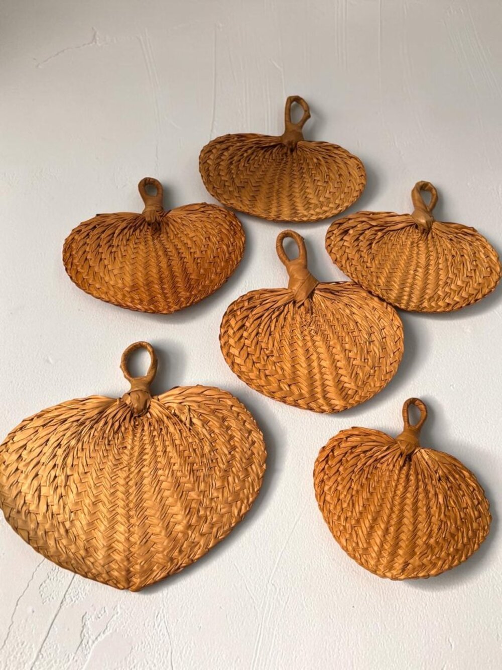 Set Of 6 Handwoven Palm Leaf Fans With Looped Handles For Weddings Or Decor